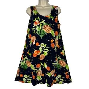 Jostar Tropical Fruit Print Dress L Navy Pineapple Citrus Sleeveless Swing USA
